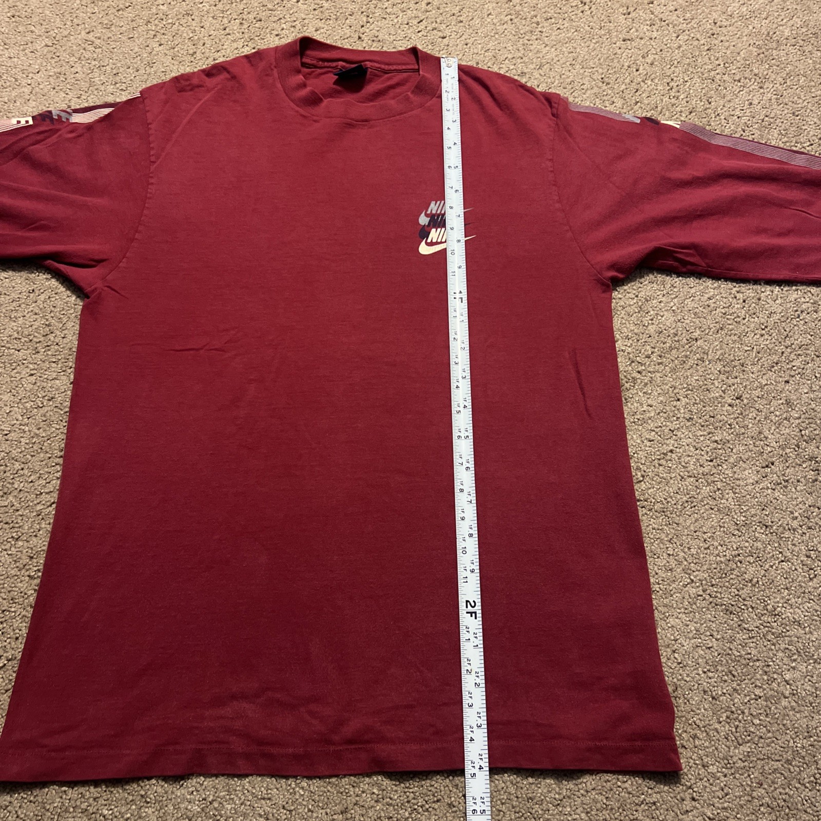 Vintage 80s Maroon Nike Multiple Tri Logos Long Sleeve Blue Tag Shirt Swoosh XL