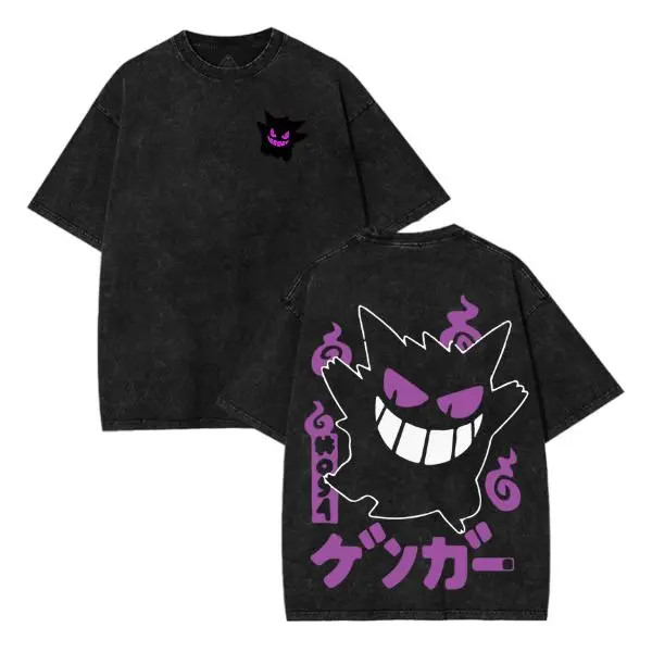 Gengar Ghost PKM Anime Shirt Retro Vintage Kanji Double Print Cotton T-Shirt