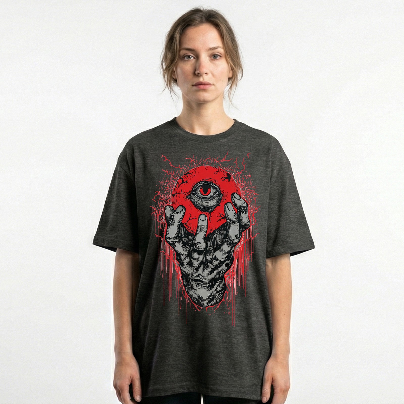 Demon Hand Holding Red Eyeball Horror Dark Gothic T-Shirt Occult Satanic Art Tee