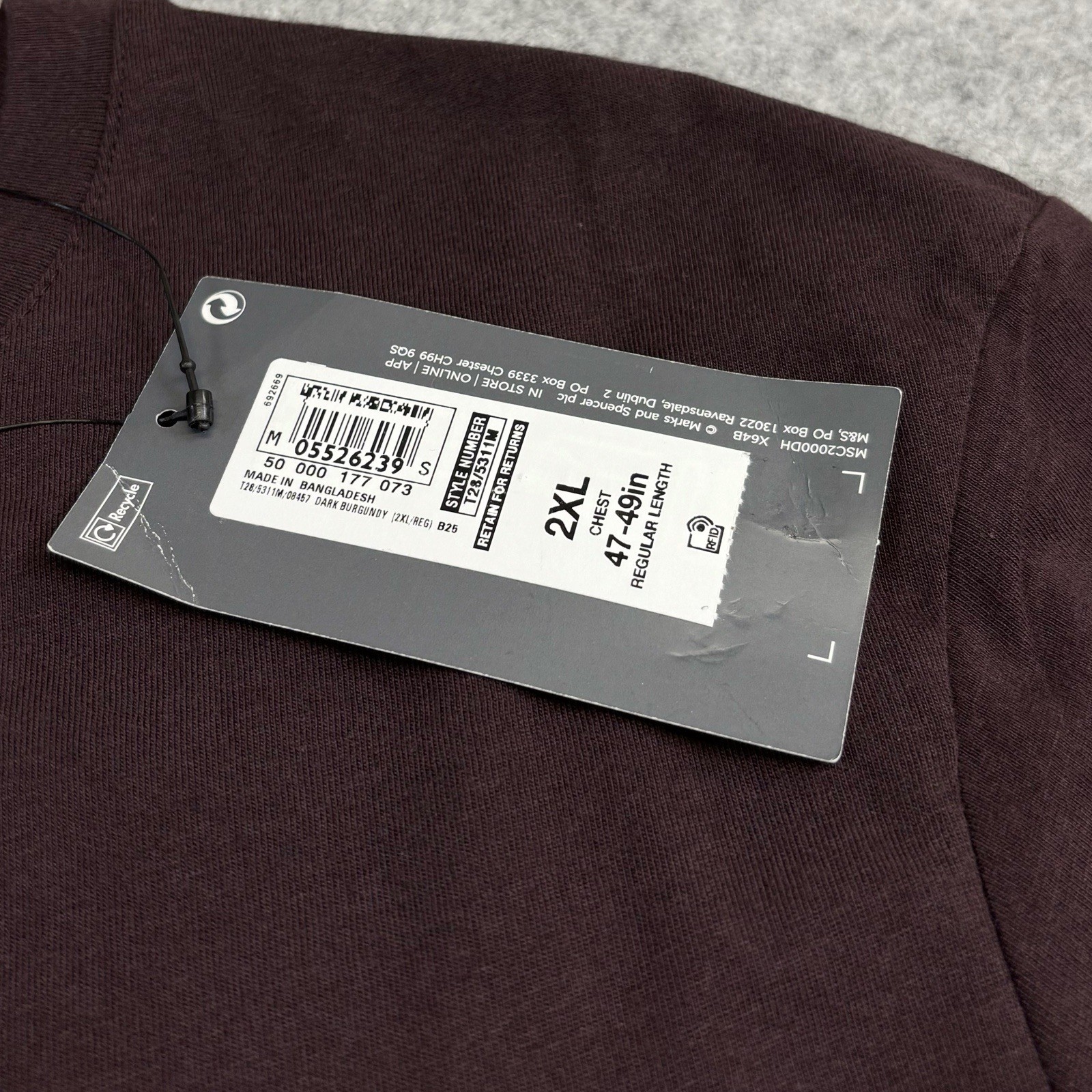 M&S T Shirt 2XL Regular Fit Mens Dark Burgundy New With Defects XXL 47-49in