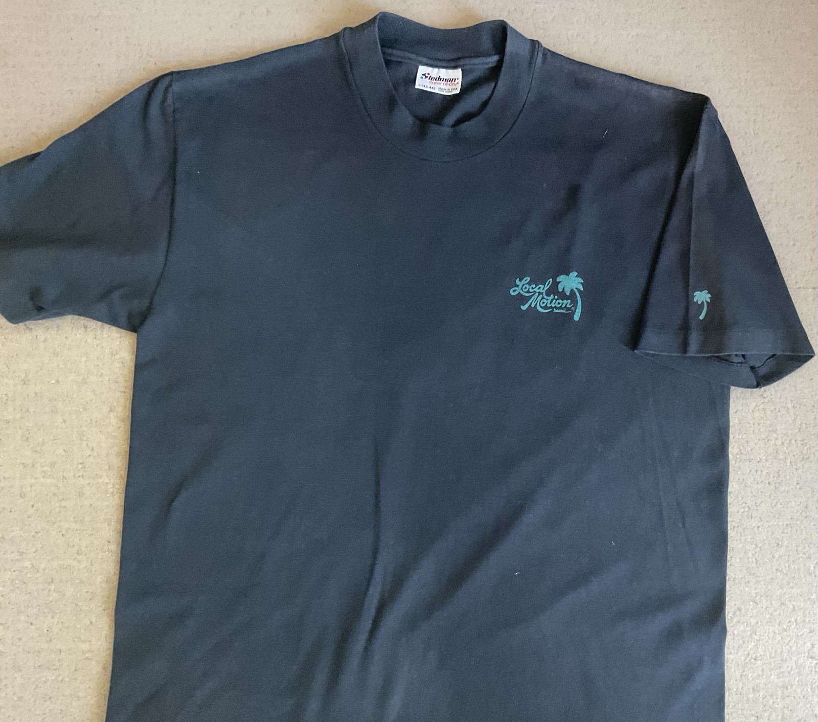 Vintage Local Motion Hawaii Tee, Hula Girl Logo,Fade Line on Back, Navy- LG