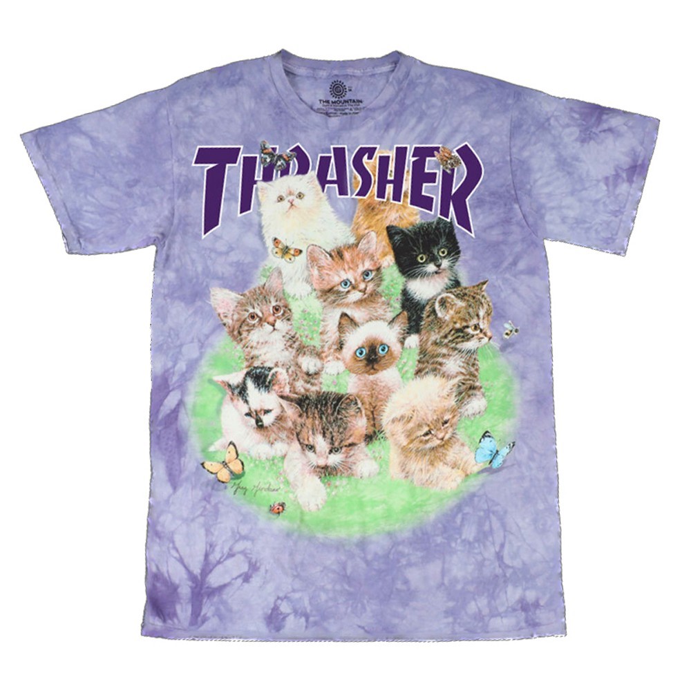Thrasher Magazine X The Mountain KITTENS Skateboard T Shirt PURPLE TIE DYE