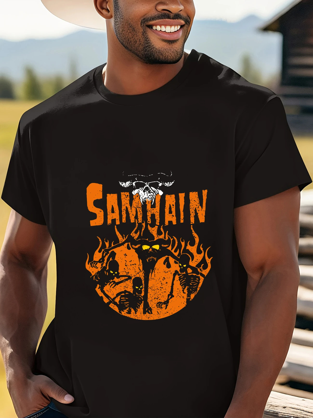 Men’S “Samhain” Graphic Tee – Casual Black Cotton T-Shirt with Orange & Yellow F