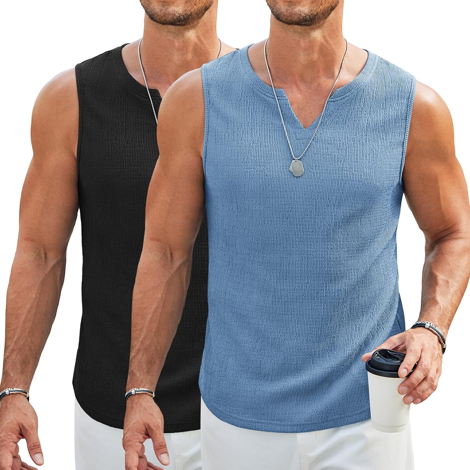 Tee Men’s Polyester Blend Size XL Black/Blue V-Neck Regular Fit Sleeveless