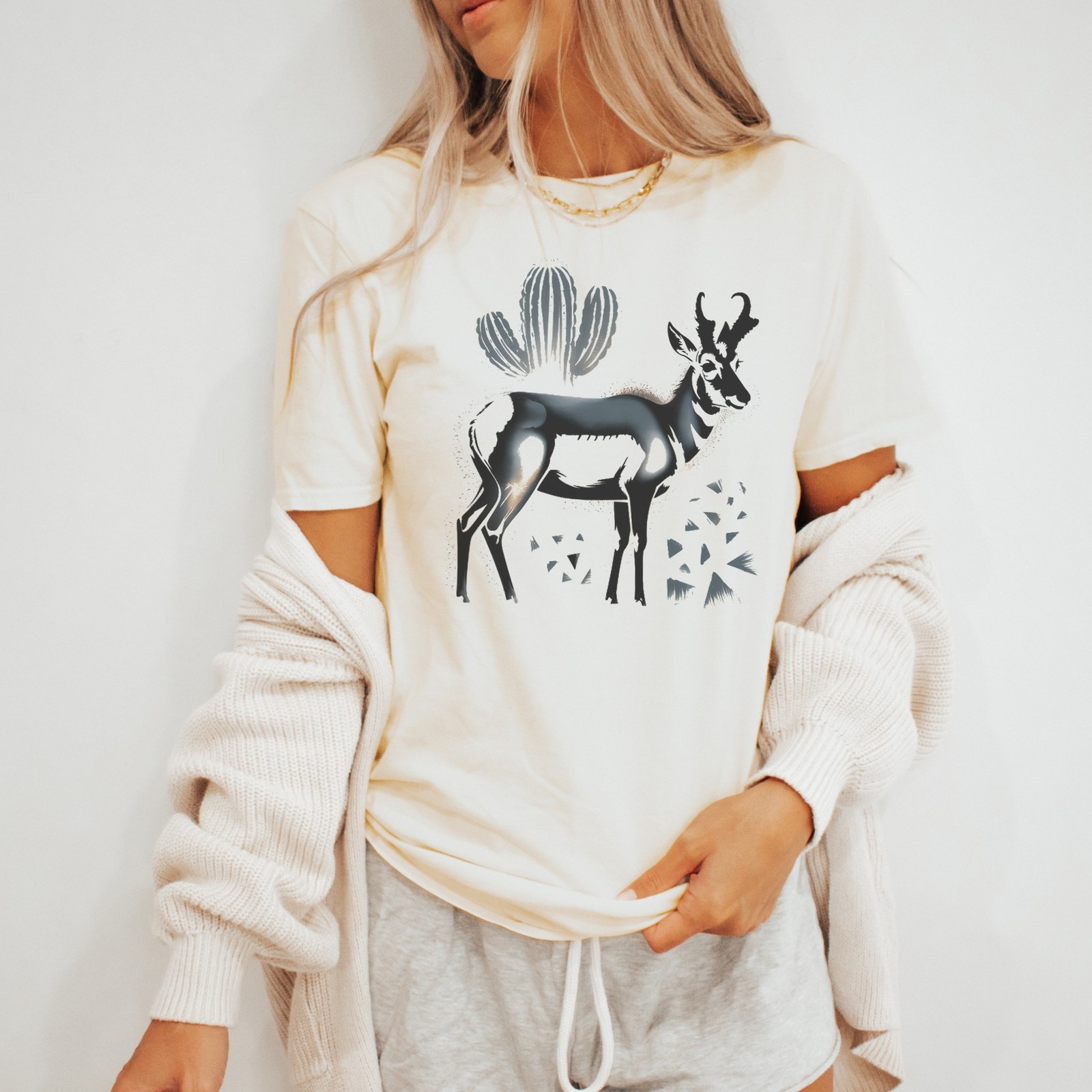 Desert Wildlife Graphic Tee Surreal Antelope Cactus Art Black
