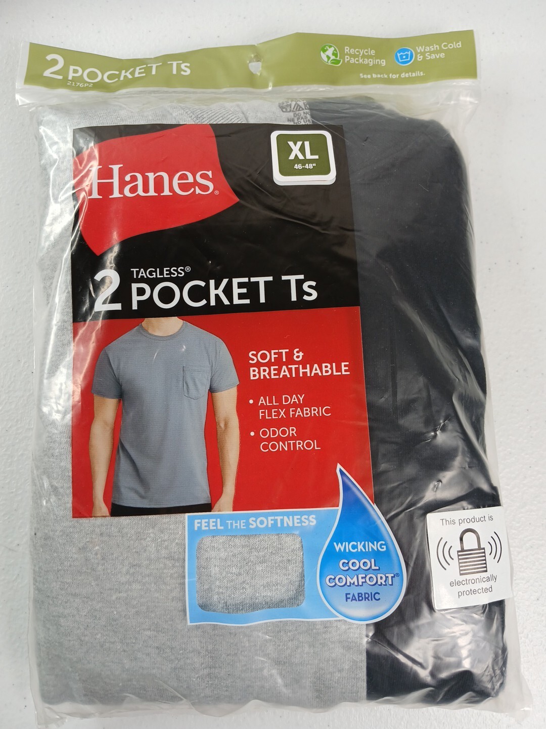 2 Pack Hanes Men Pocket T-Shirts Comfort Wicking Dri Gray/Black Med, LG,XL #196A