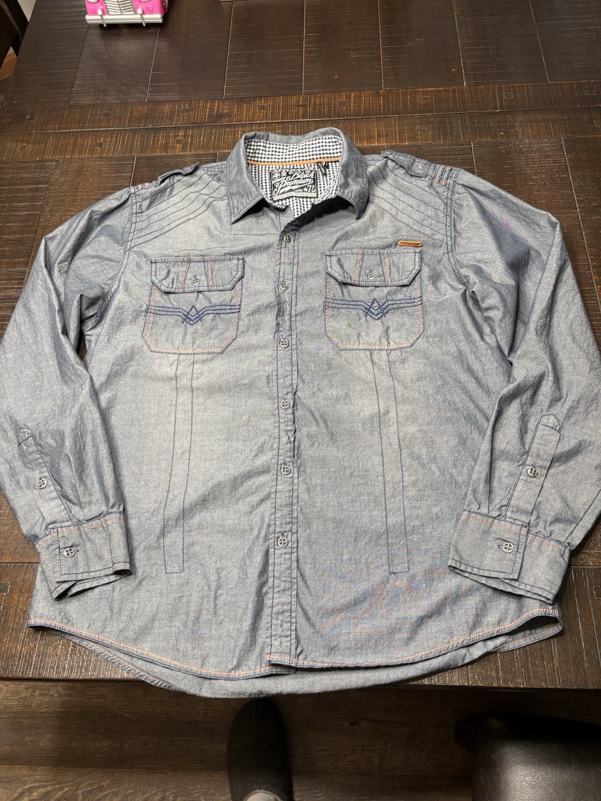 Affliction Mens Size XL Slim Gray Black Premium Embroidered Button Up Shirt