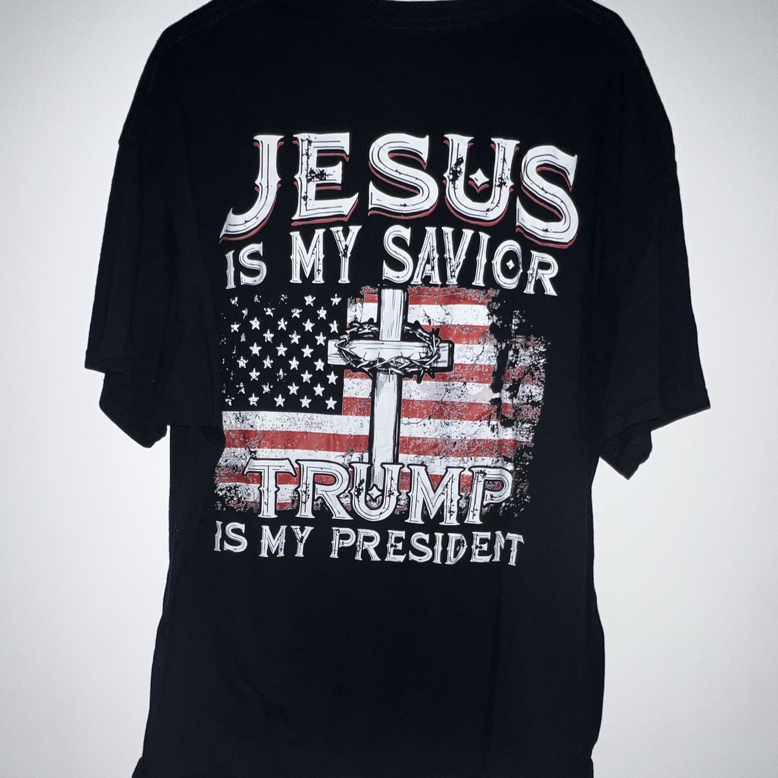 Men’s Black Graphic Print Crew Neck Short Sleeve T-Shirt 2XL Jesus Trump USA