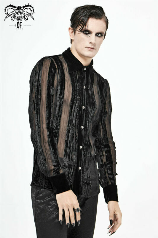 Gothic Punk Irregular Striped Velvet Pleated Tops Basic Style Slim Men Shirts