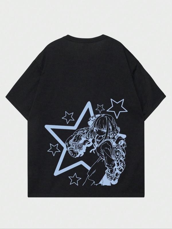 Men’s Star & Cartoon Print Drop Shoulder Tee, Street Fashion Casual Graphic Half