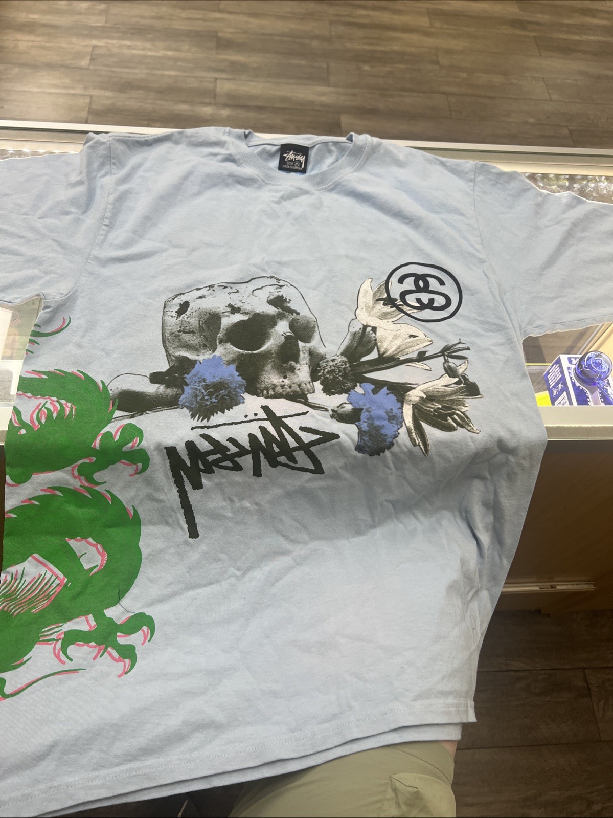 Stussy Light Blue Graphic Tee Medium OVERSIZED Stand Firm World Tribe