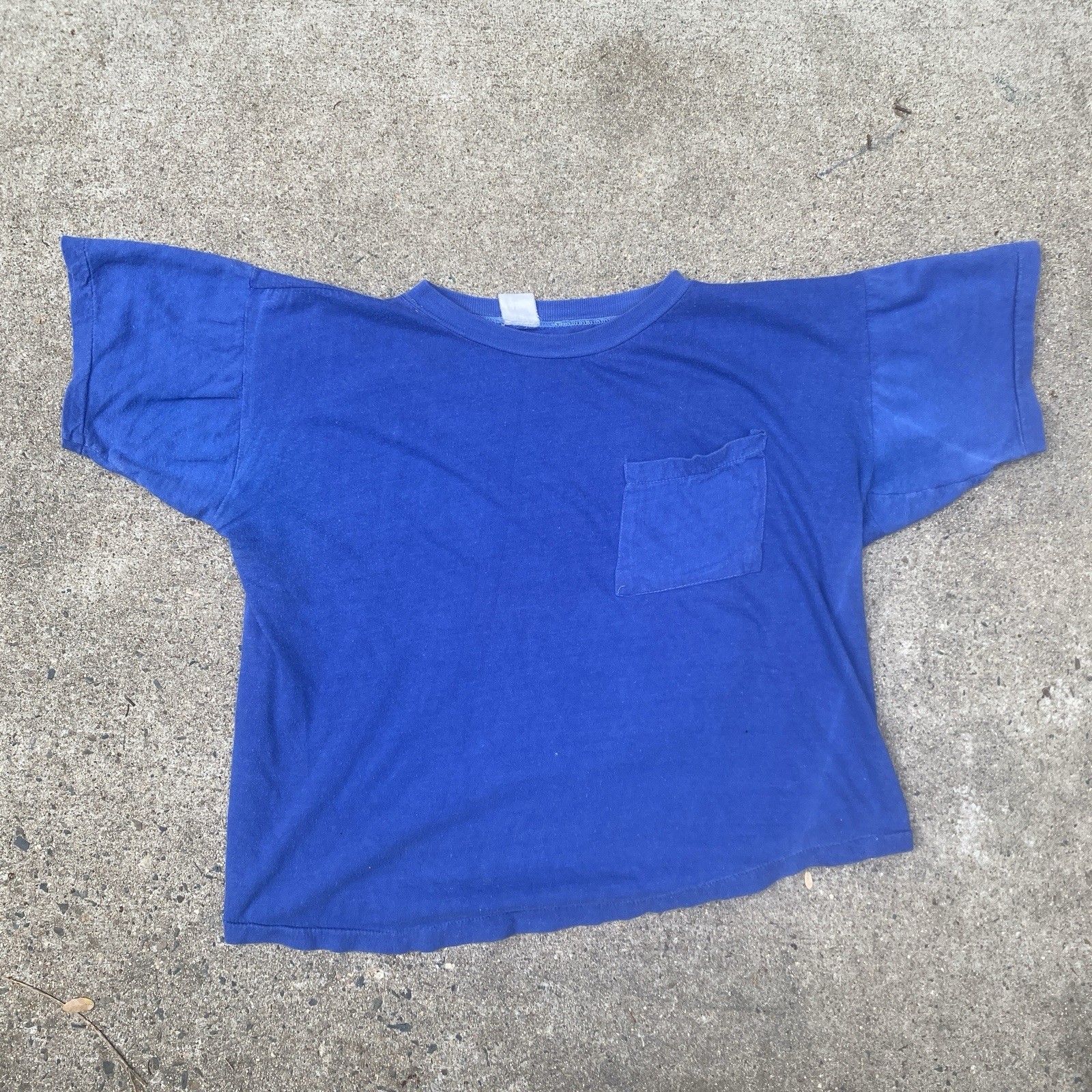 Vintage 50s 60s Blue Pocket Tee Shirt Cotton Single Stitch Blank Cropped Boxy