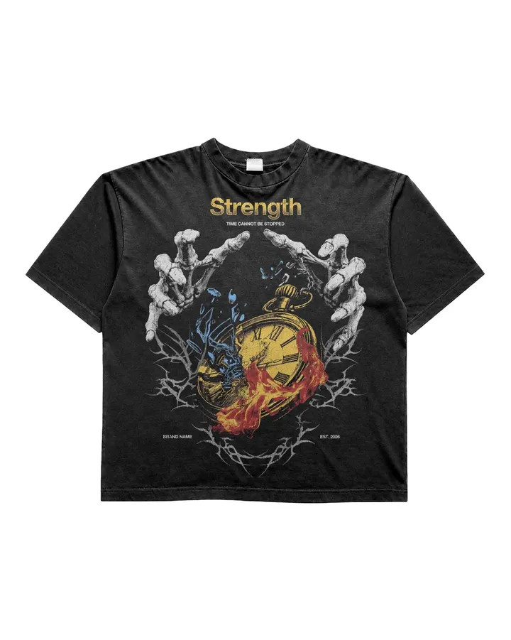 Men’s Vintage Washed Graphic T-Shirt Skeleton Hands Clock Print Streetwear Tee