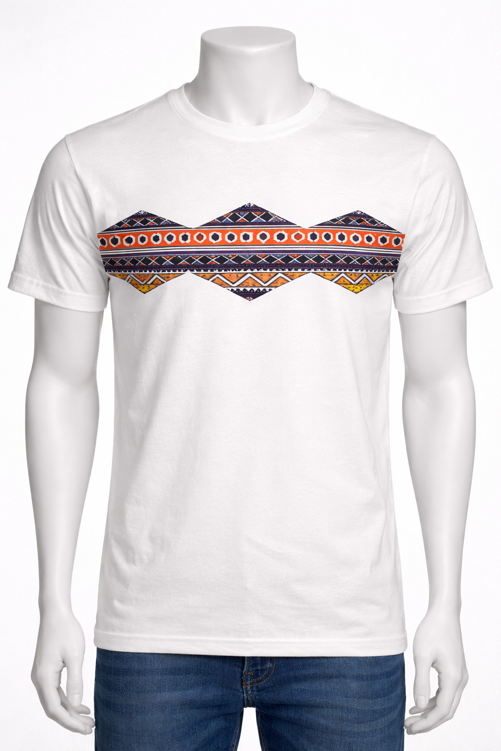 2XL Geometric Art Print T-Shirt Black Tribal Band Tee | White Ethnic Shirt