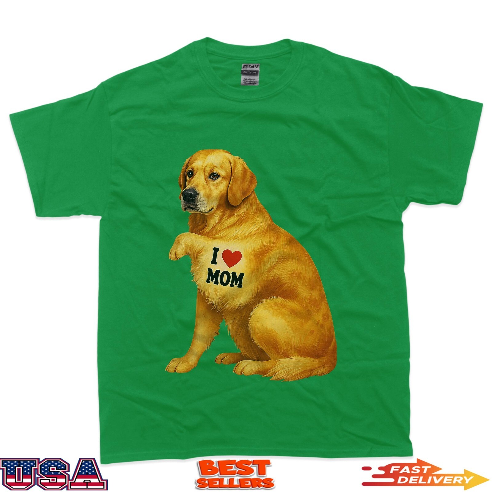 Patriotic I Love Mom Golden Retriever Funny Mama Dog Owner T-Shirt