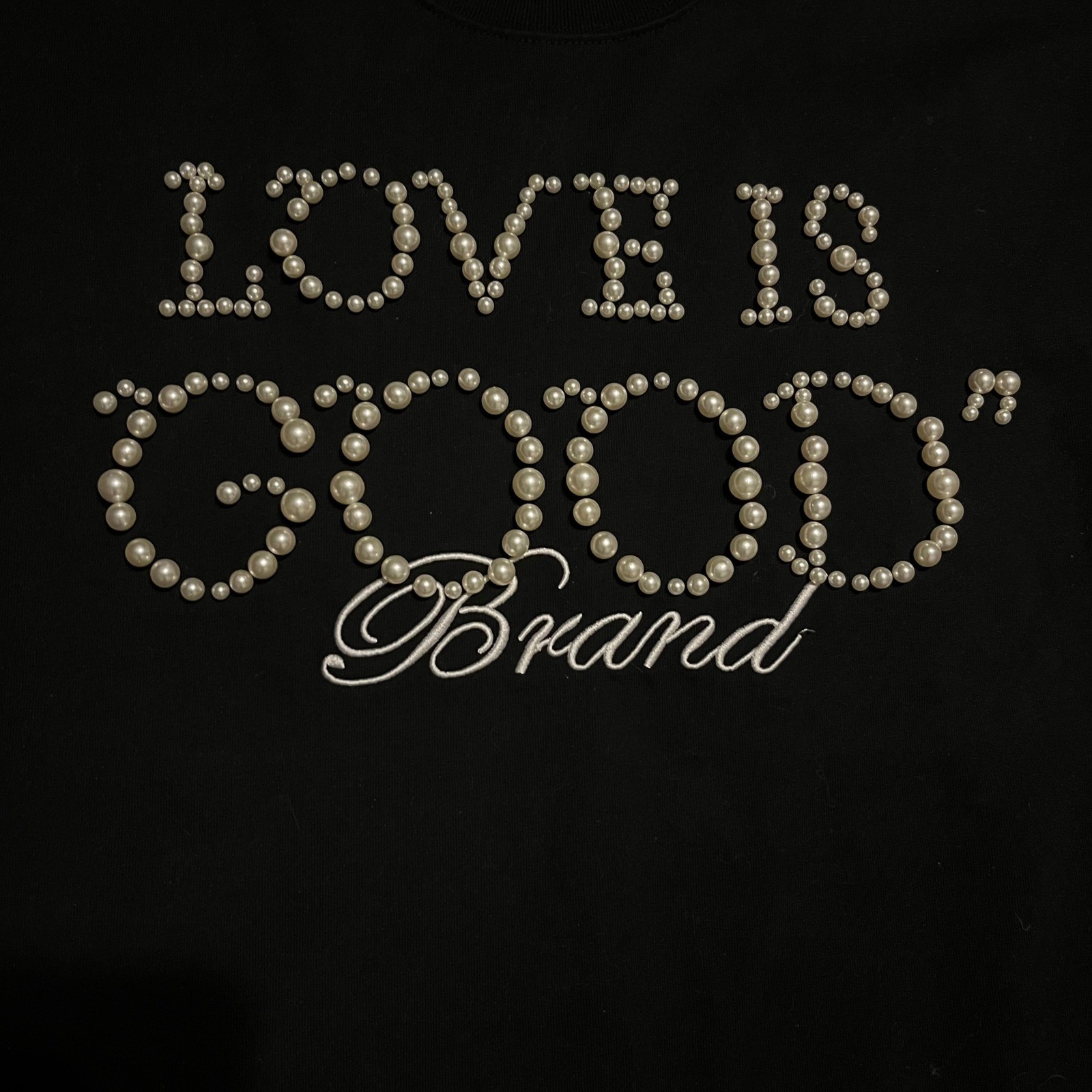 GOODBRAND “LOVE IS GOOD” 24SS Tee Mens Black Pearl Studded T-Shirt Size Large