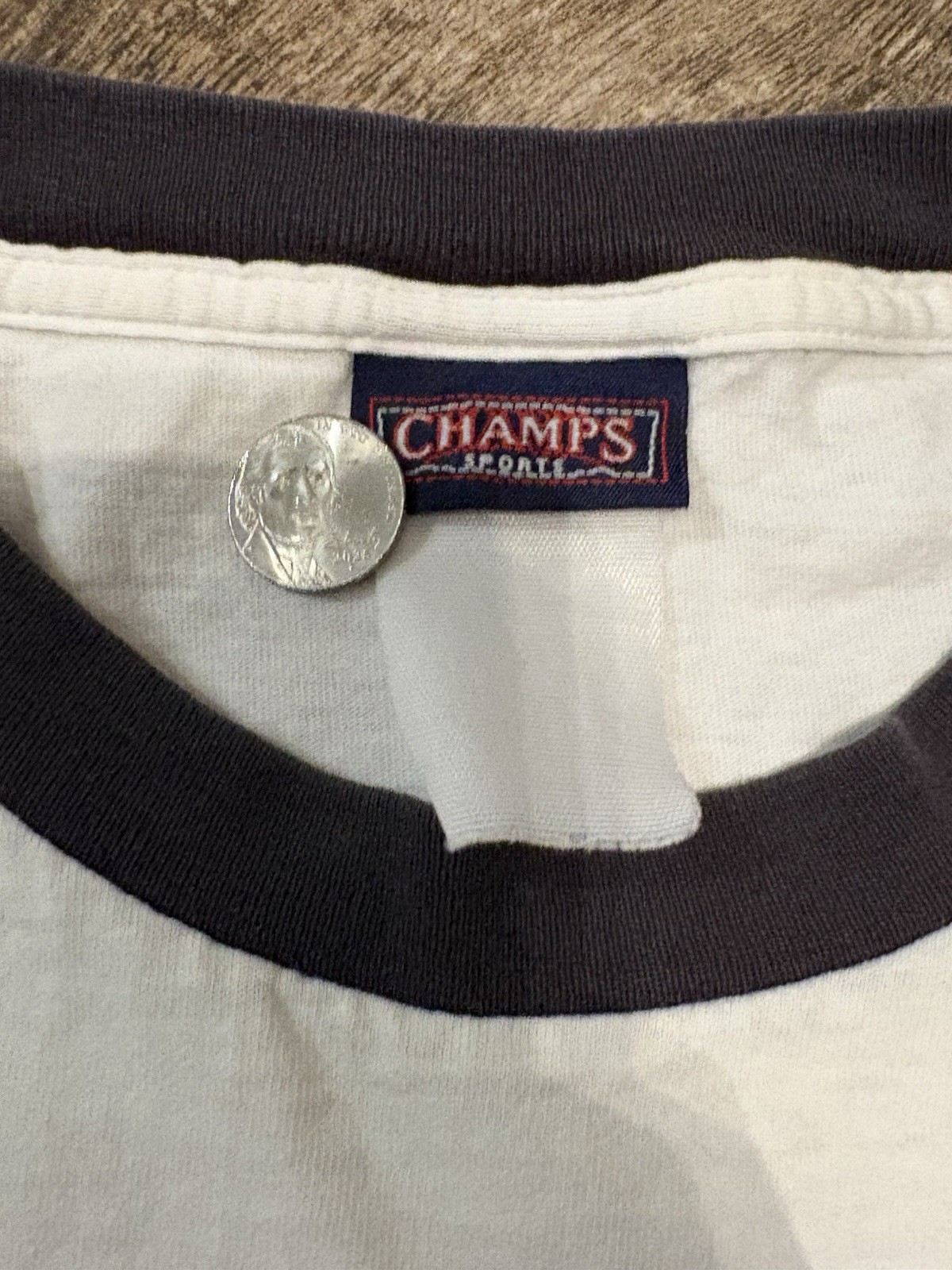 Champs Sports White Crew Neck T-Shirt Black Contrasting Trim Men’s