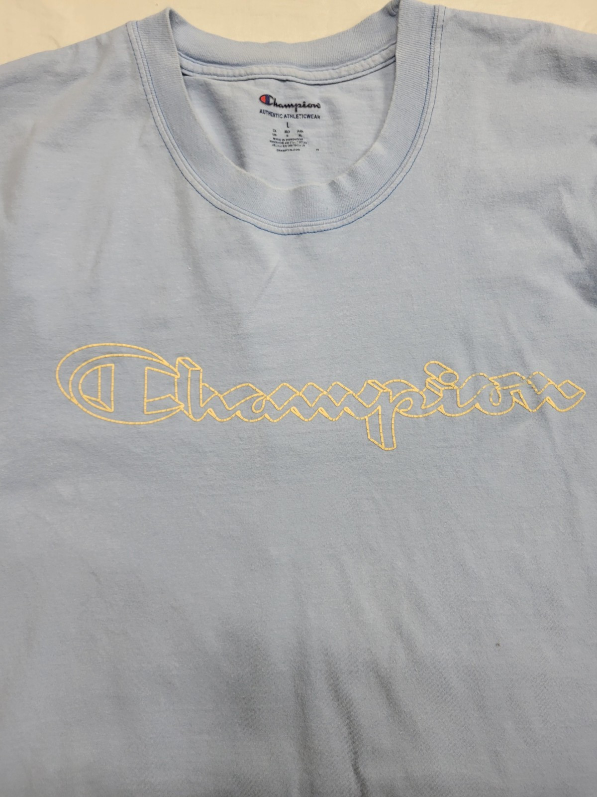 Champion Script Logo T-Shirt Size Large Blue Short Sleeve Graphic