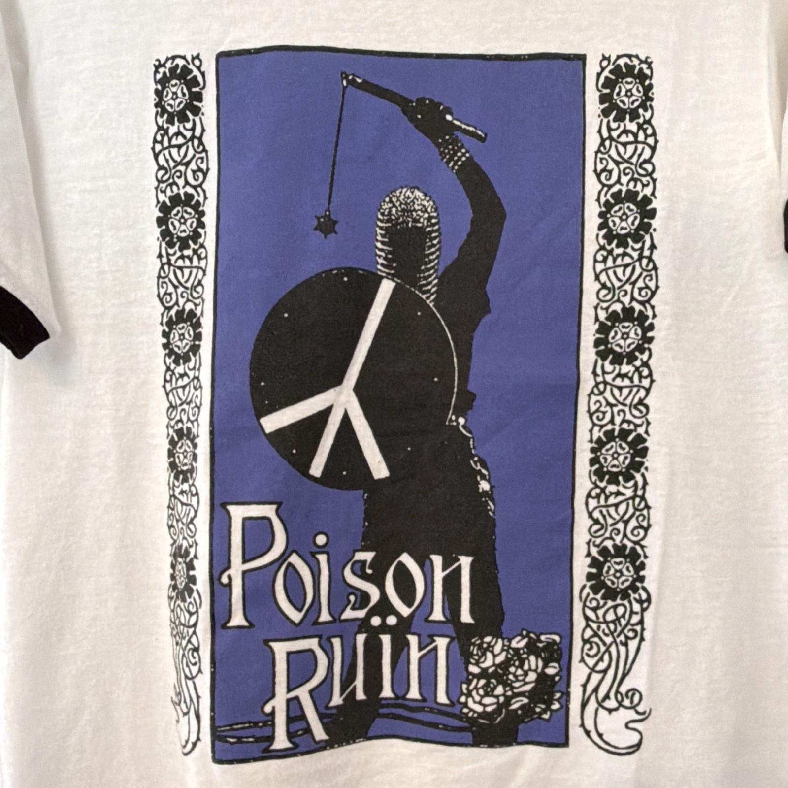 Poison Ruin cropped Graphic Ringer T-Shirt White/Black/Blue M Crew Neck