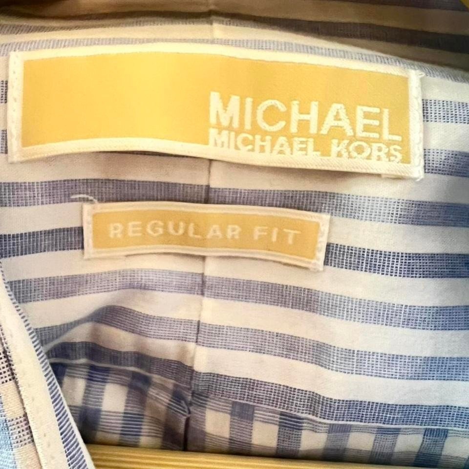 Michael Kors Mens Blue White Gingham Check Dress Shirt Regular Fit Medium 15.5
