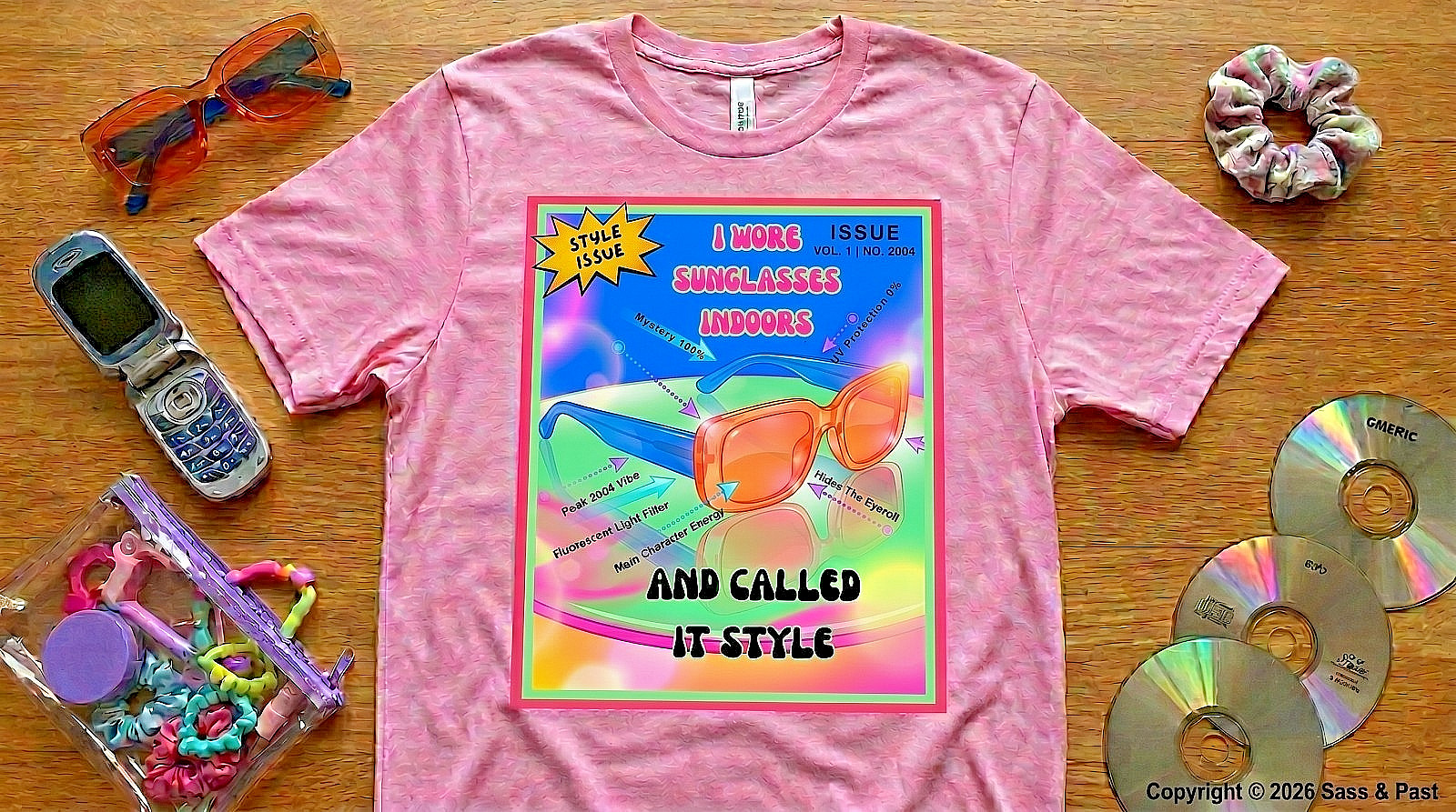 Y2K Aesthetic Magazine Tee Sunglasses Indoors Style Parody Shirt Sarcastic Retro
