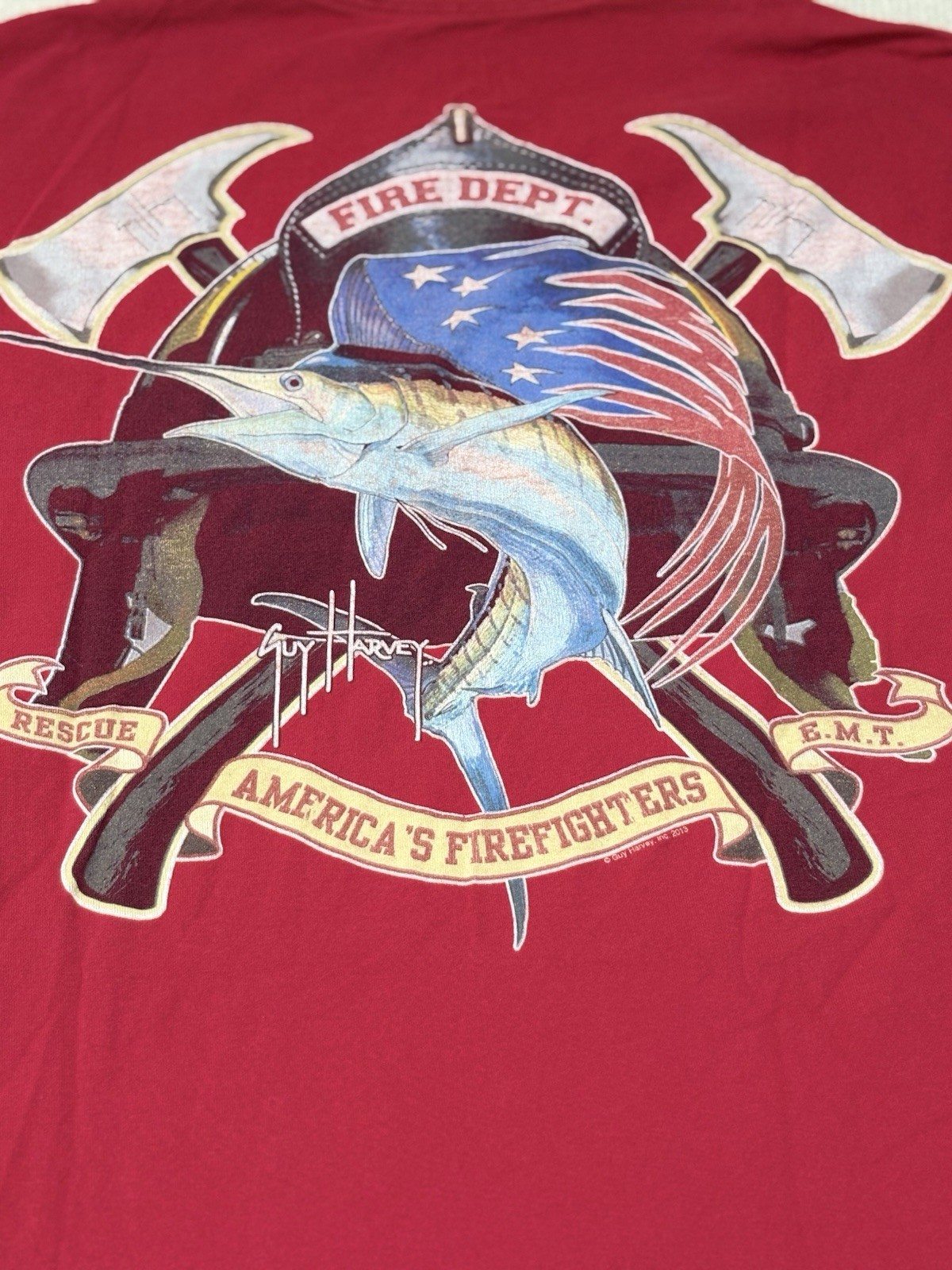Guy Harvey BlueWater Firefighter Fire Department Swordfish Pocket T Shirt Size M