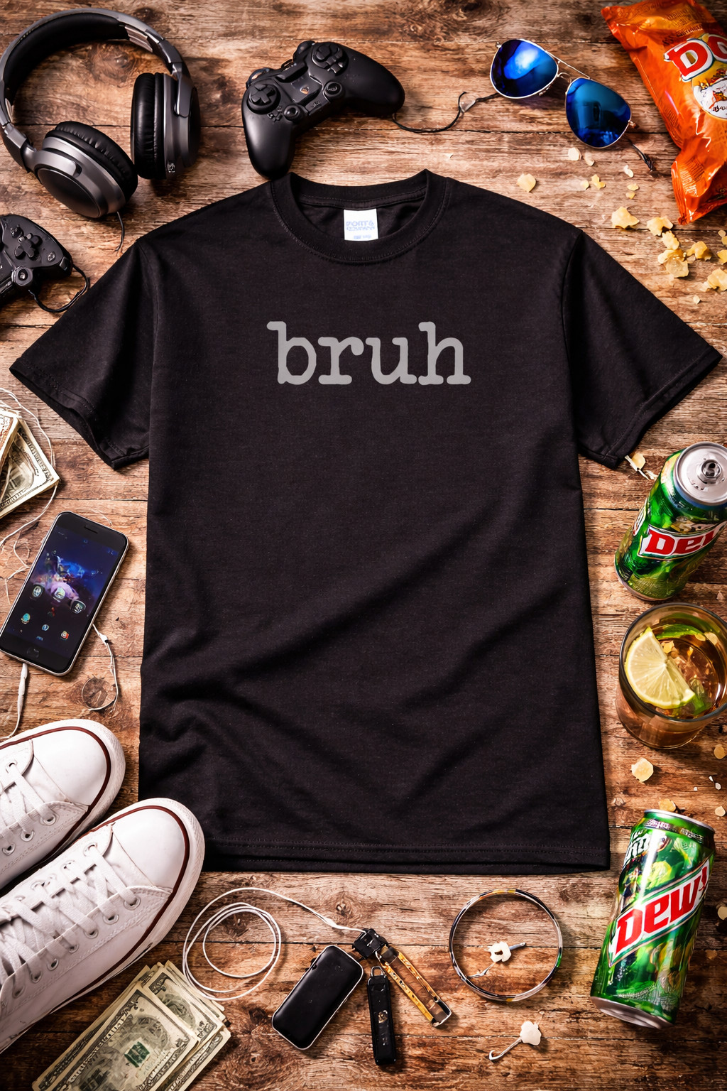 BRUH-BLACK T-SHIRT-GREY PRINT-NEW ALL SIZES-GREAT GIFT IDEA-POP CULTURE