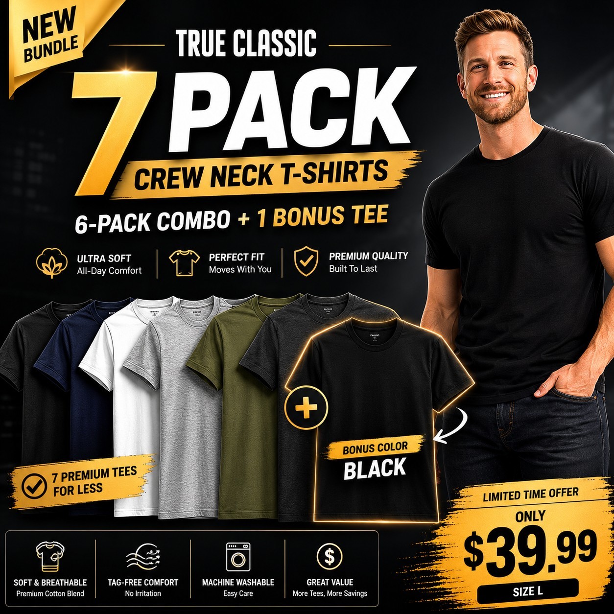 🔥 True Classic 7-Pack Crew Neck T-Shirts | Size L | + Bonus Black Tee
