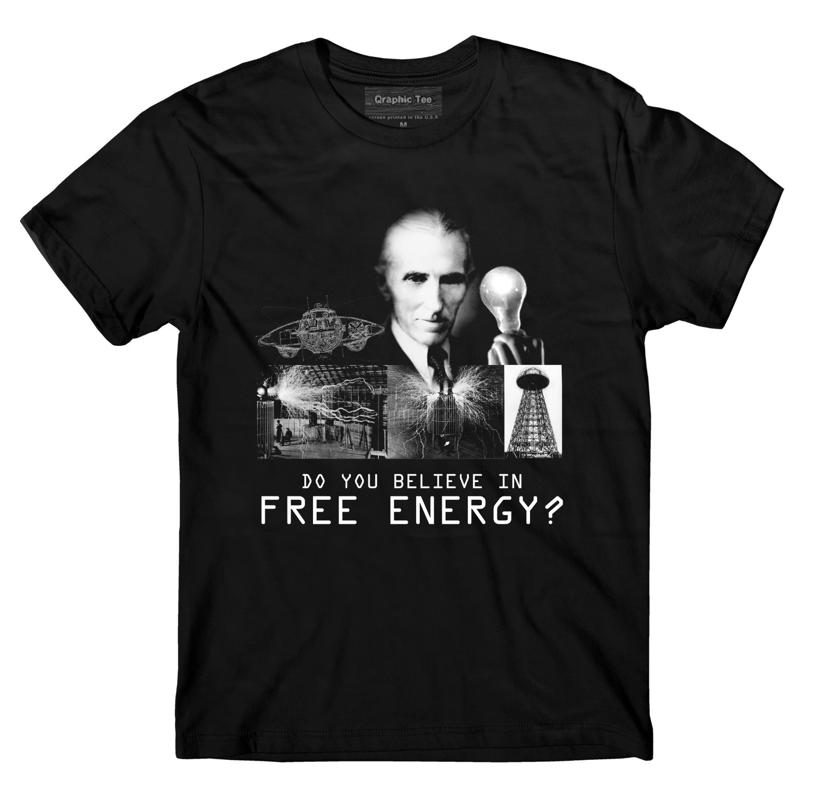 Nikola Tesla t-shirt, conspiracy Free Energy cool t-shirt, SCREEN PRINTED.