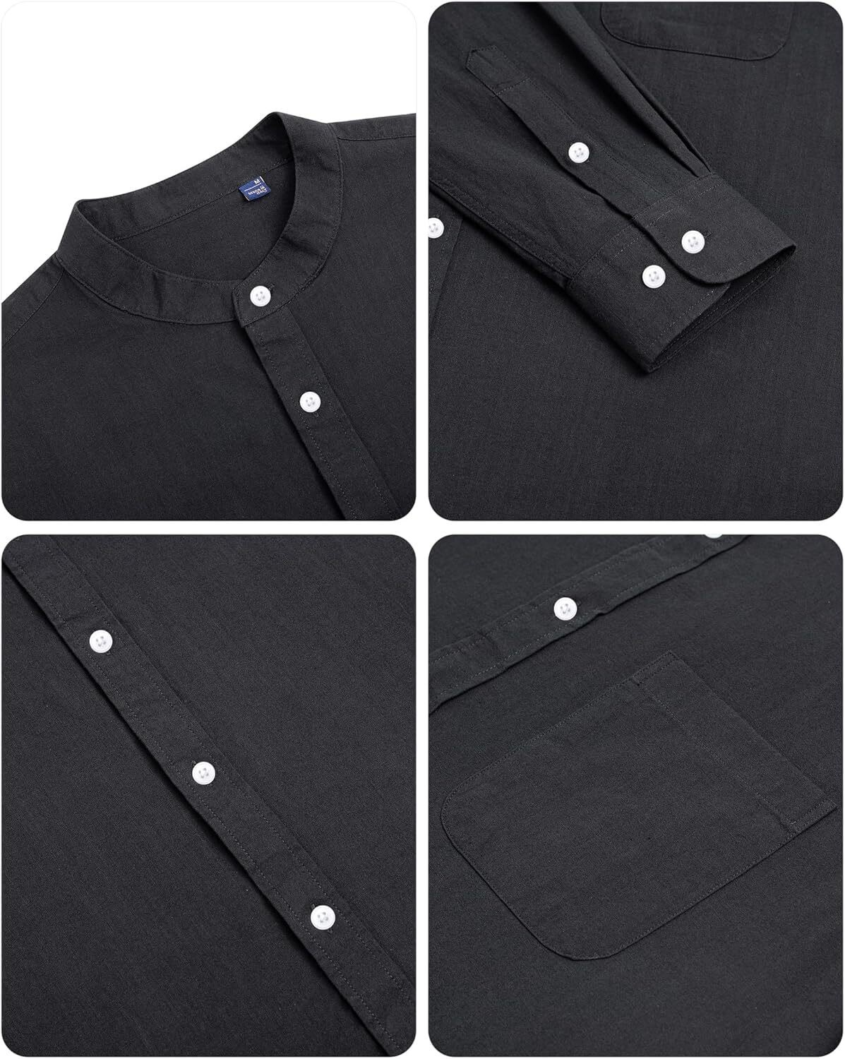 Men’s Linen Button Down Shirt Long Sleeve Band Collar Casual Beach Top