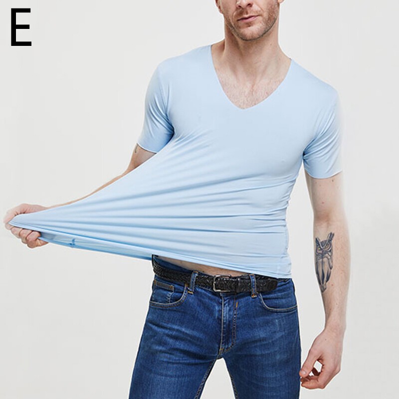 1PC Men Breathable Solid Color V Neck Tops Tees Ice Silk Tshirts Seamless M-5XL