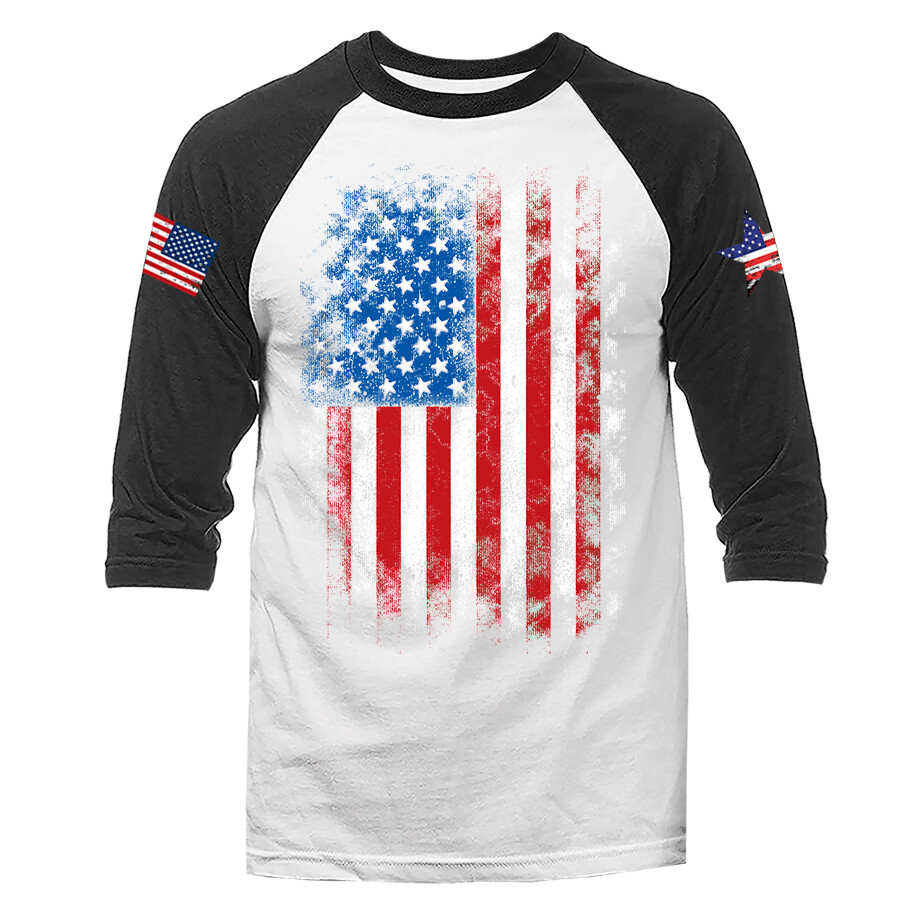 Large Vertical US Flag USA American Pride Patriot Patriotic 3/4 Sleeve Raglan