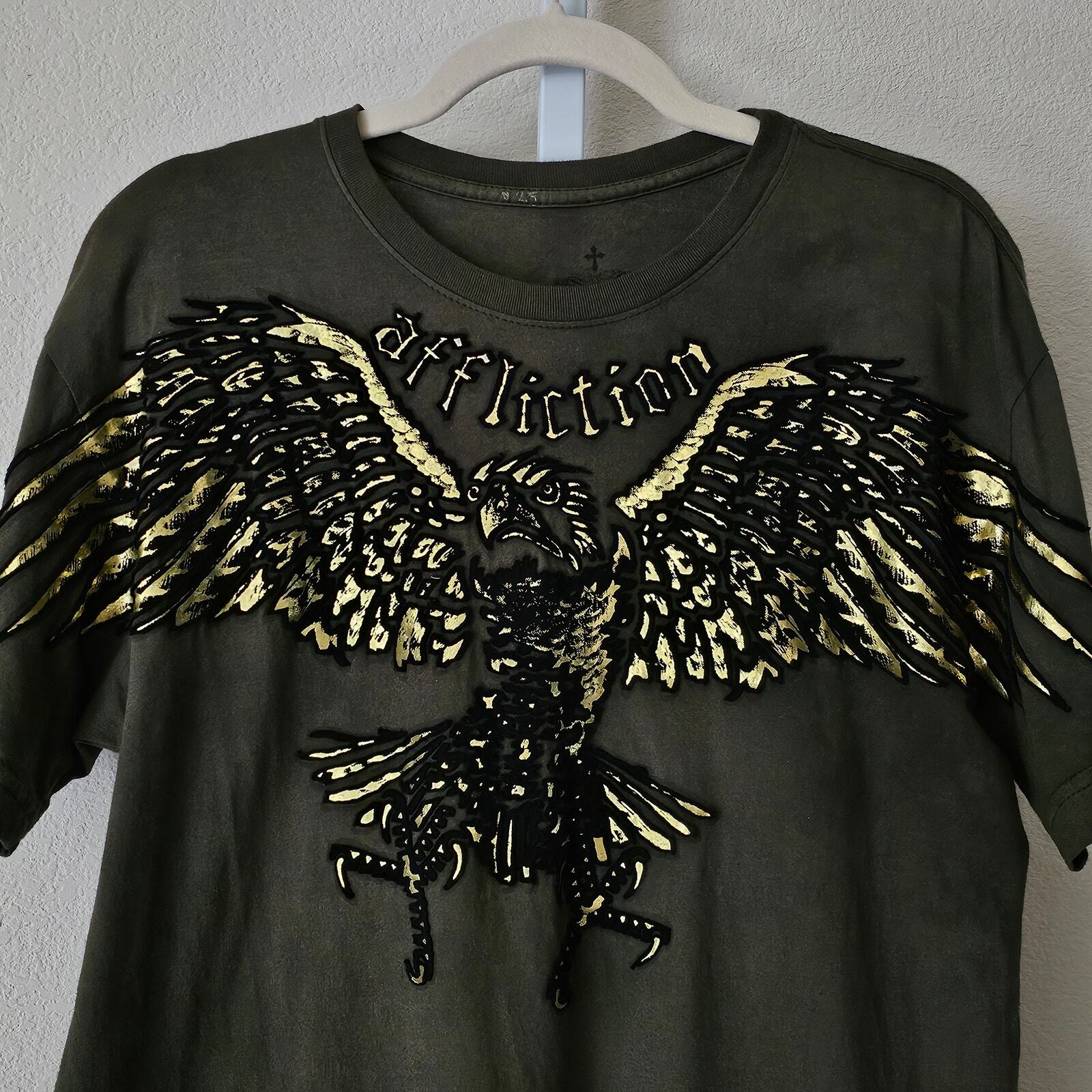 AFFLICTION Y2K Green Tie-Dye Gold Black Foil Velvet Graphic Eagle Shirt Sz L
