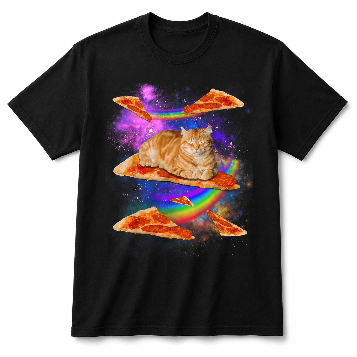Funny Galaxy Cat Riding Pizza T-Shirt Space Rainbow Graphic Tee Men’s S-5XL