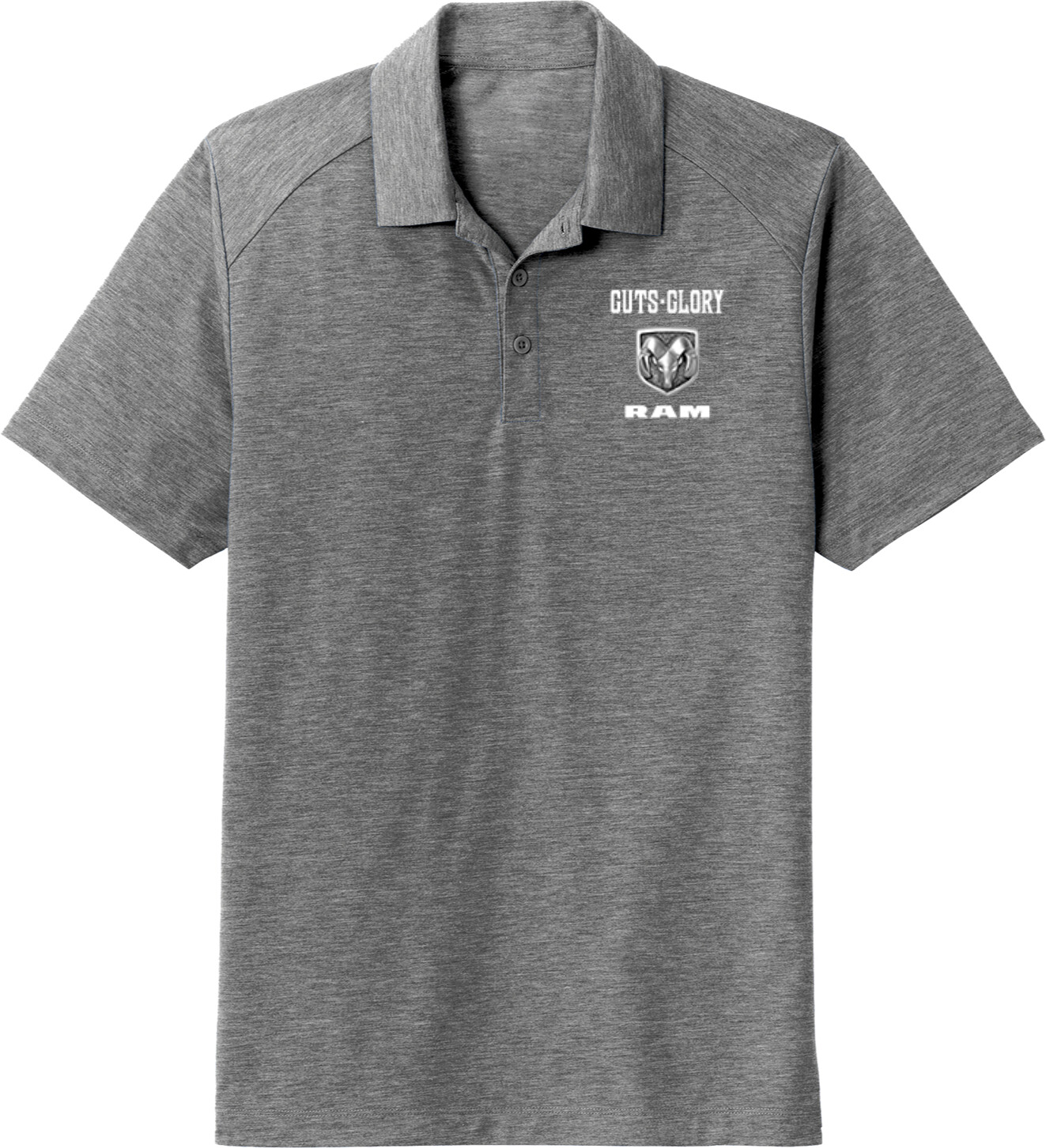 Dodge Tri Blend Wicking Polo Guts and Glory Ram Logo Pocket Print