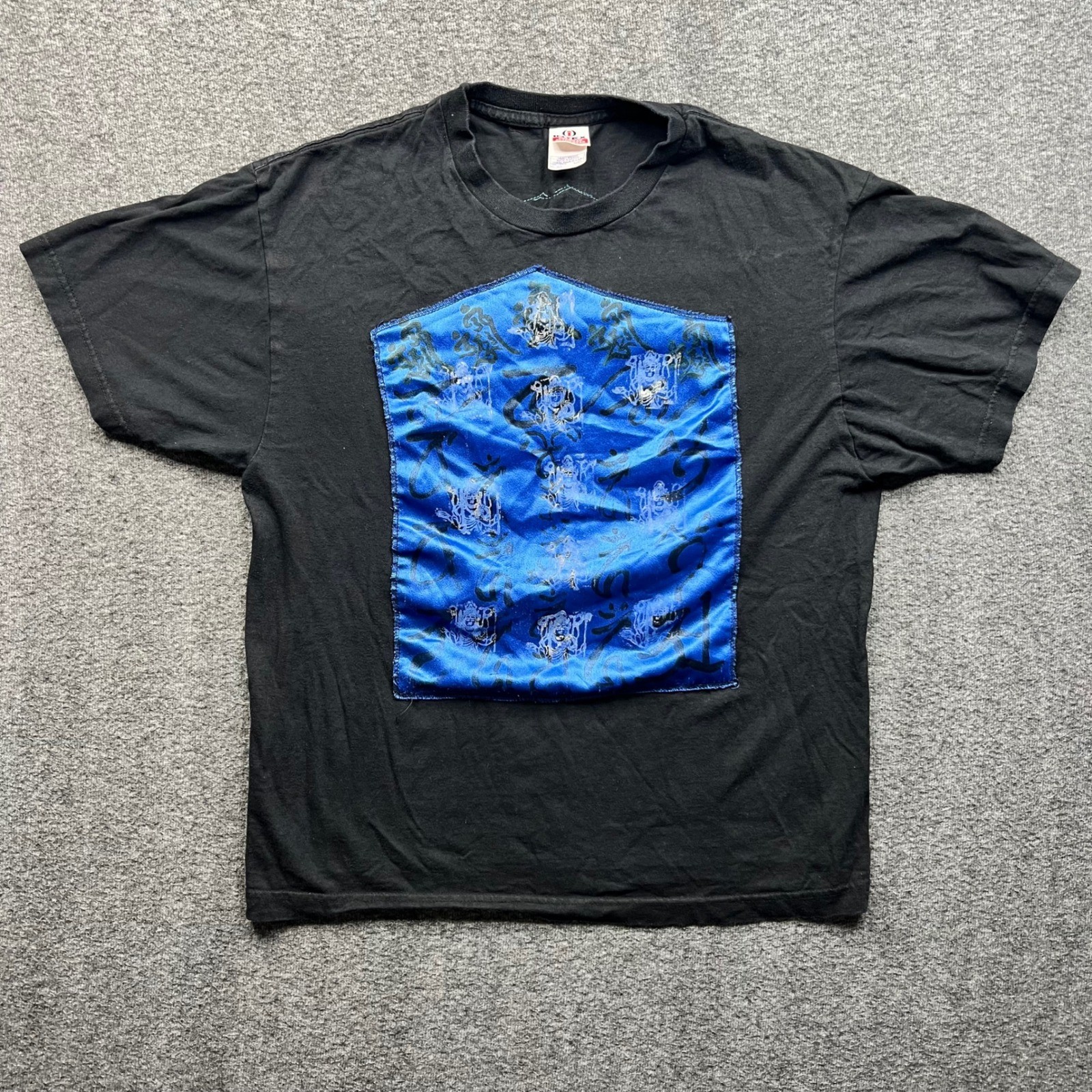 Intex T-Shirt Mens L Black Blue Satin Patch Graphic Heavy Weight Cotton Tee