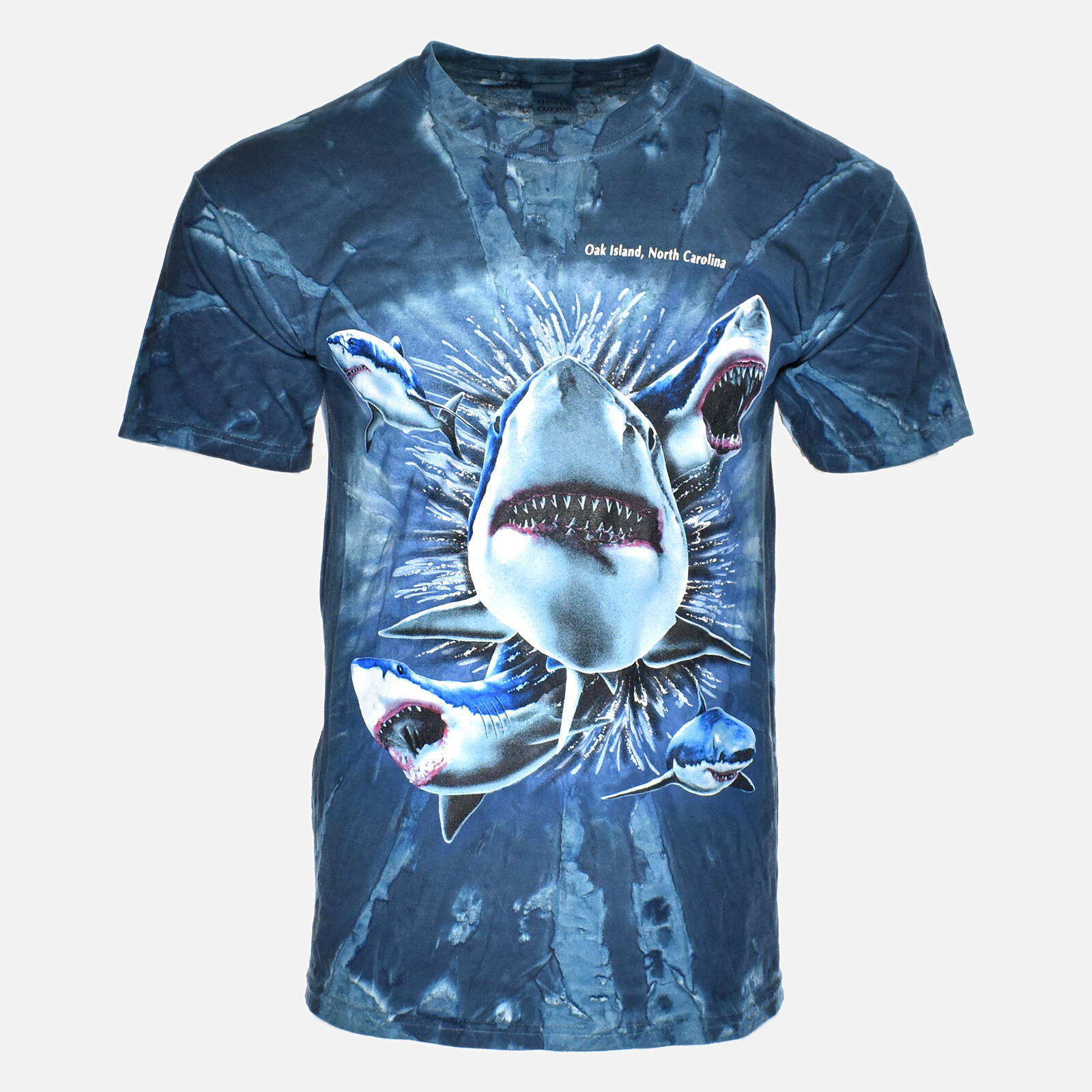 VTG Sharks Tie Dye Attack Nature Wildlife Aquatic Blue Island Mens Tee Shirt – M