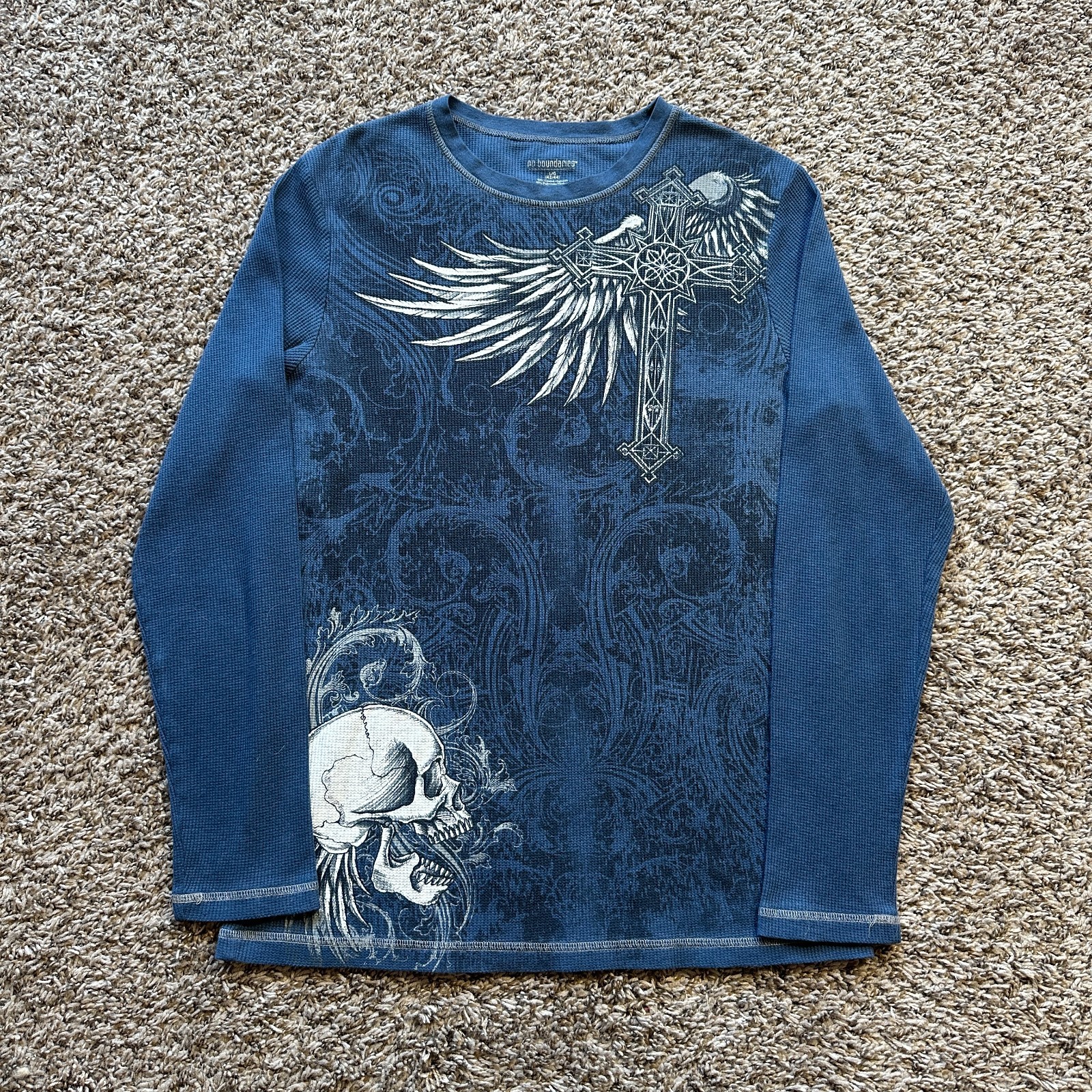 Vintage No Boundaries Thermal Shirt Size L Blue Y2K Skull Cross Wings Cyber Punk