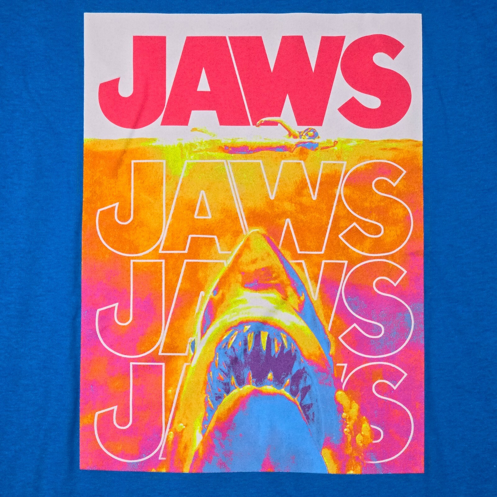 JAWS Shirt Mens Large Blue Orange Casual Movie Film Shark Poster Swimmer NWT