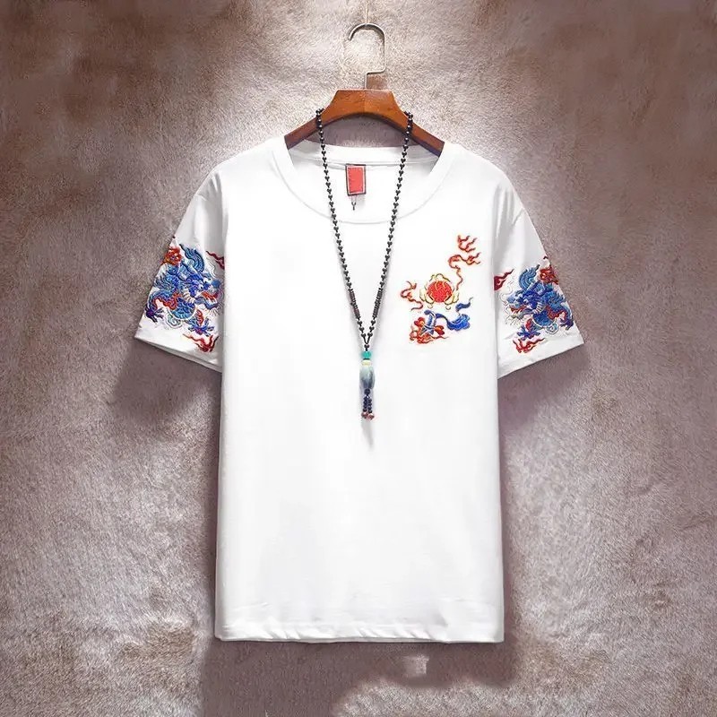 Men Dragon Embroidered T Shirt Summer Casual Short Sleeve Top Graphic Tee