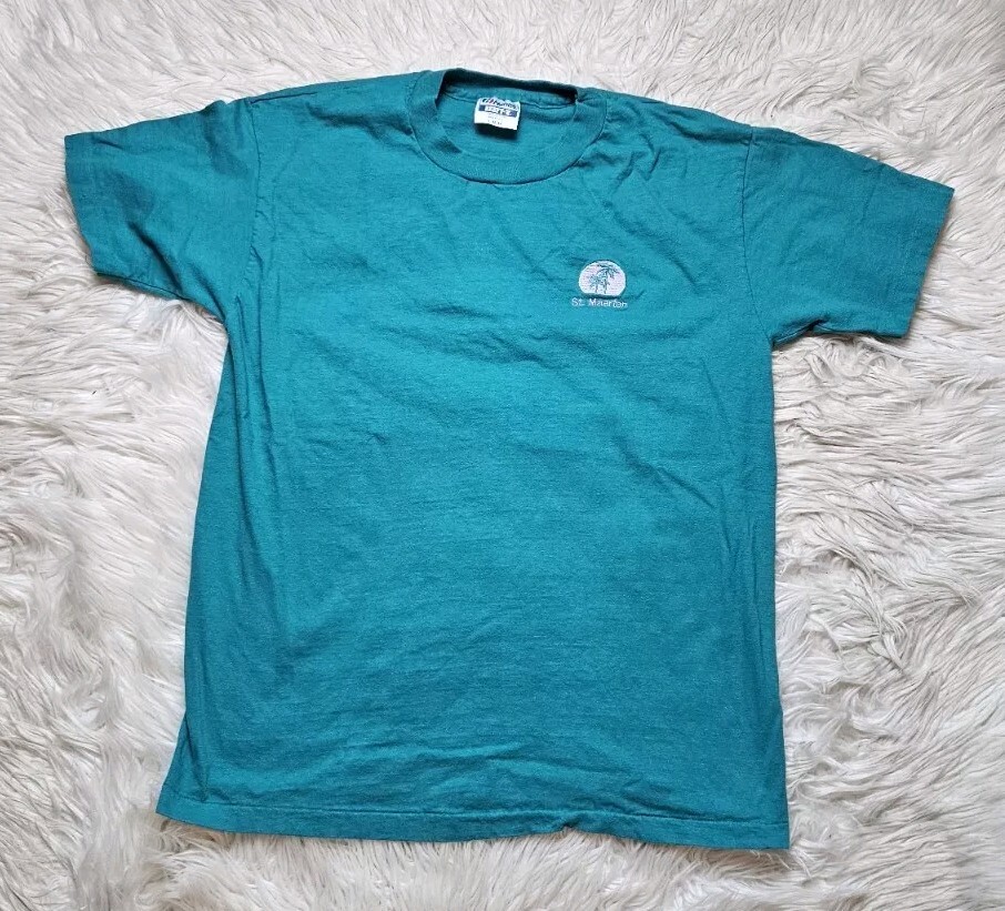 VTG Single Stitch Embroidered St. Maarten Palm Tree Teal T-Shirt Size Large USA