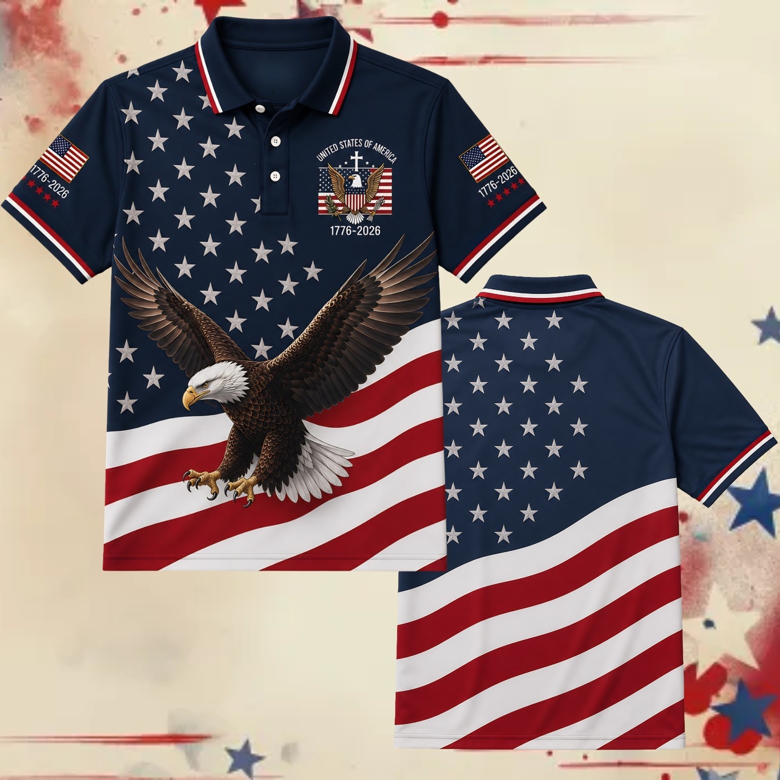 250 Years Bald Eagle US Flag Golf Polo, Patriotic 4th Of July Shirt (S-5XL)