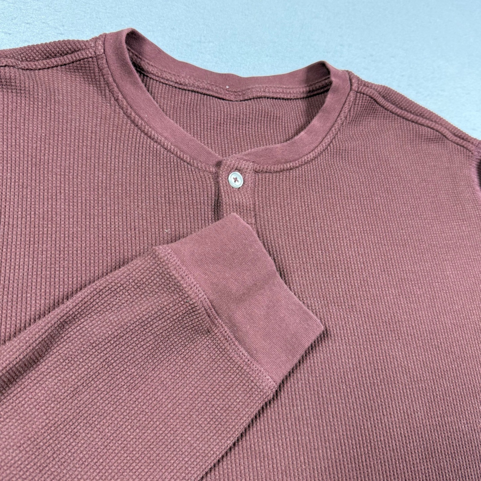 Men XL Burgundy Waffle Knit Long Sleeve Henley Shirt Maroon Thermal Cotton Blend