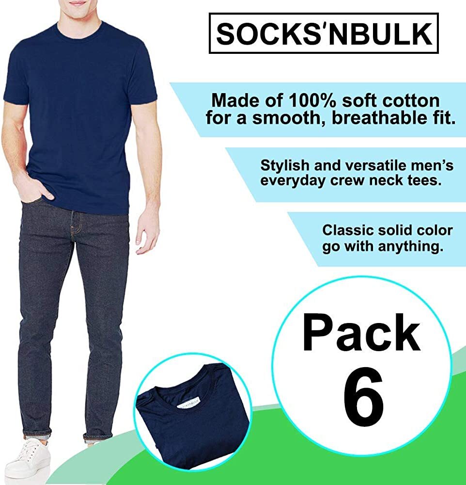 SOCKS’NBULK 6 Pack Bulk Mens Cotton Crew Neck Short Sleeve T-Shirts Mix Colors