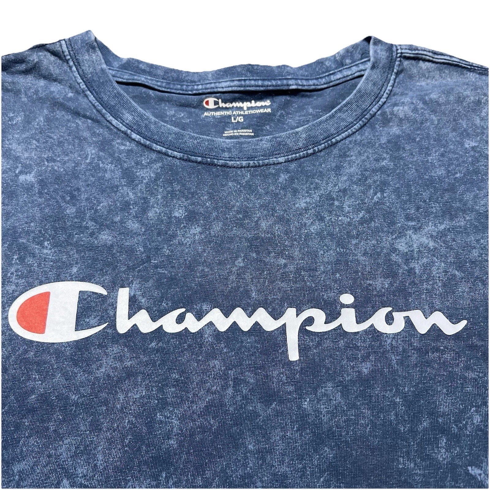 Champion Navy T Shirt Acid Wash Marbled Script Sleeve Logo Sportswear Mens L