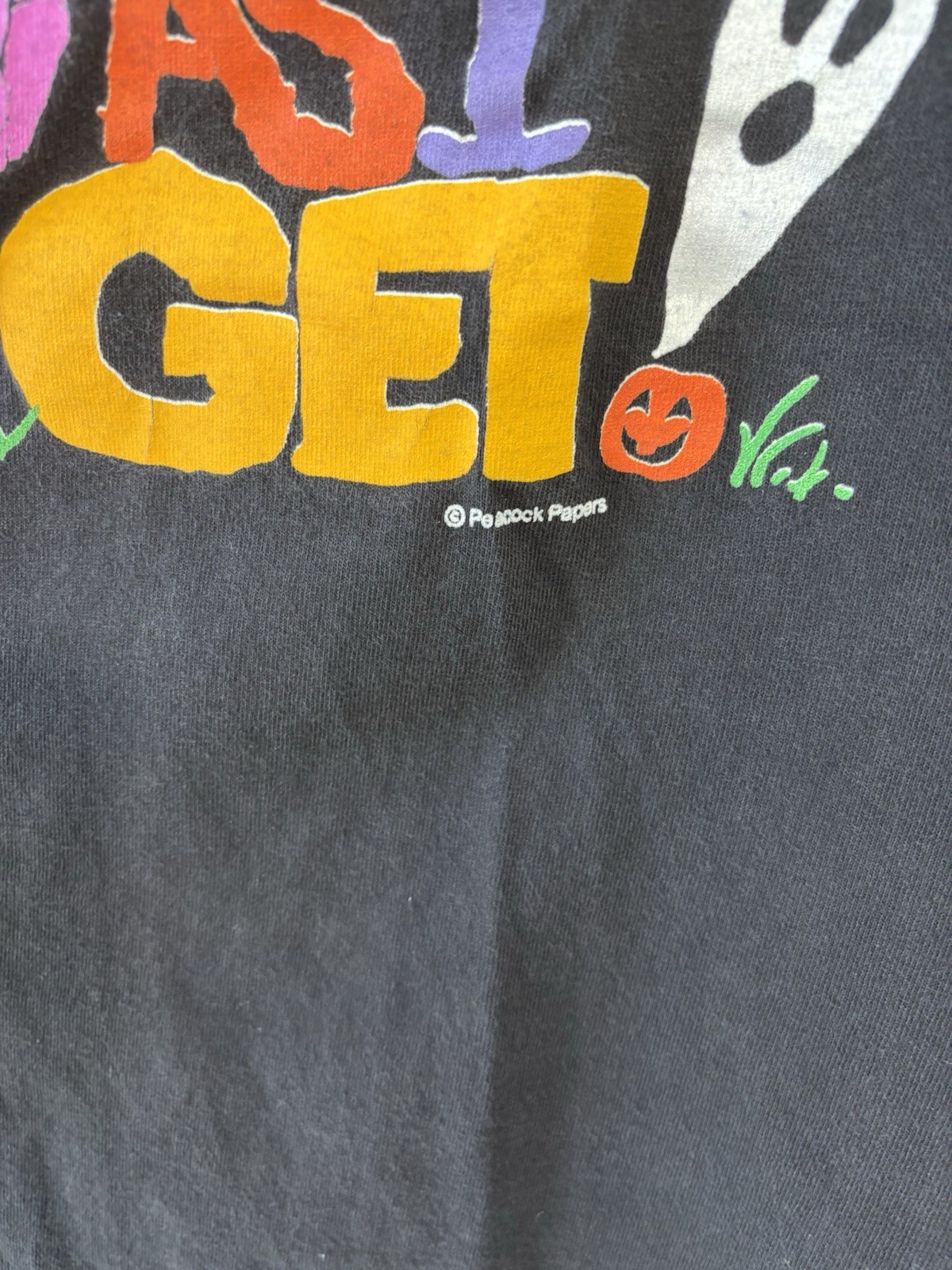 Vintage 90s Halloween Ghost USA Made Single Stitch Black Tee Men Size L Peacock