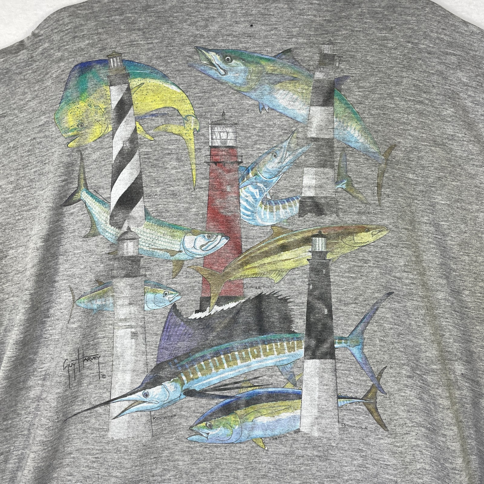 Vintage Guy Harvey Men’s XL Gray Front Pocket T Shirt Key West Jupiter Pensacola