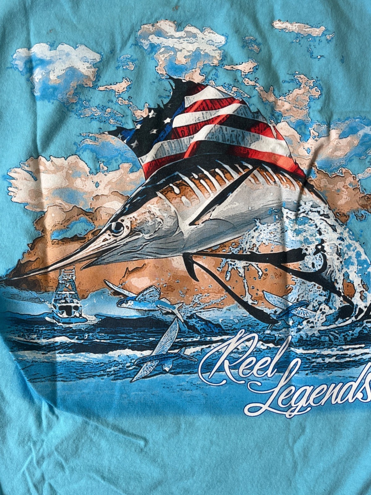 Reel Legends T Shirt Mens Medium Blue Fishing Boating USA Flag Outdoors Novelty