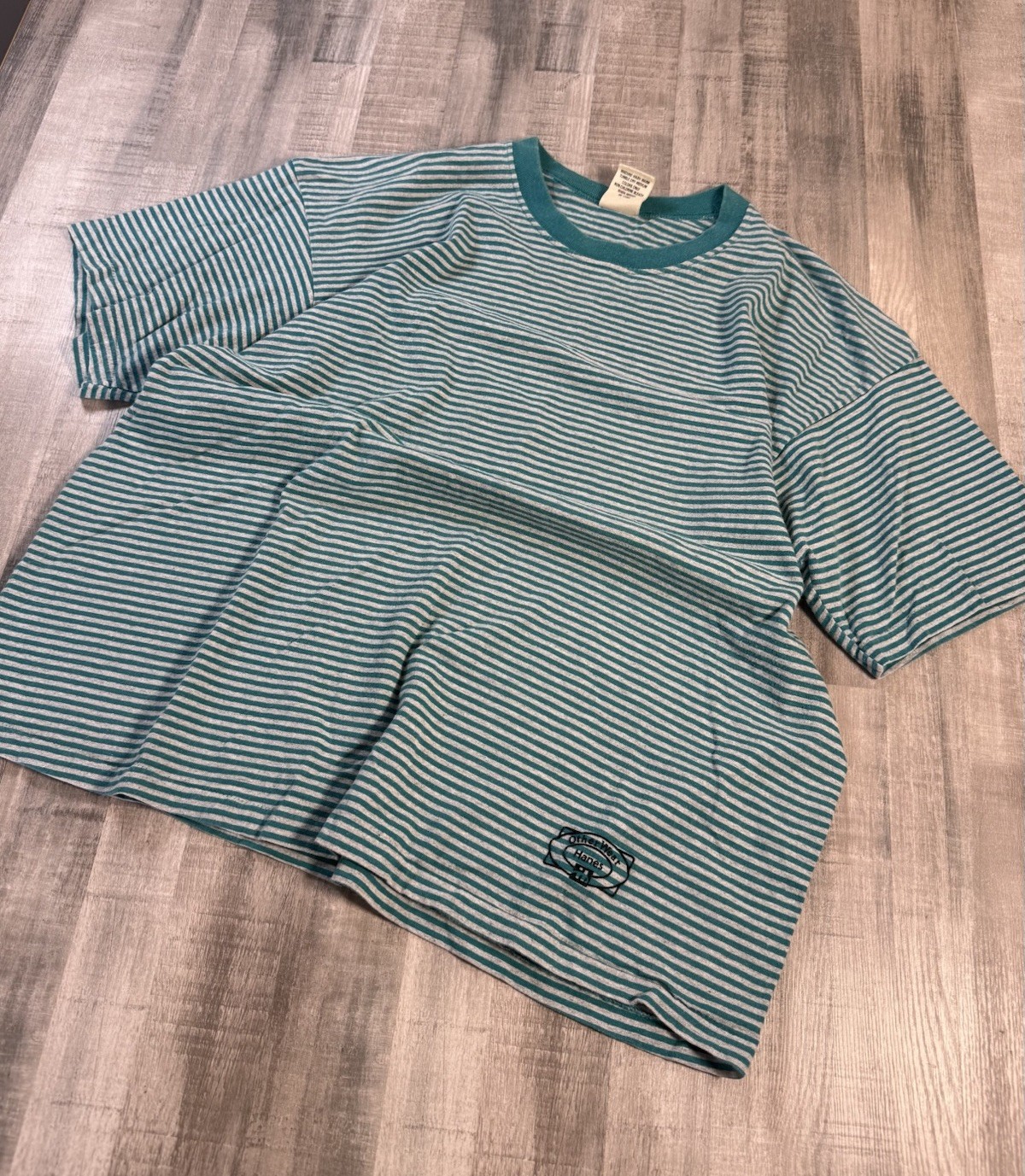 Vtg 90s Striped T-Shirt Mens XL Single Stitch Teal Blue Hanes Other Wear USA