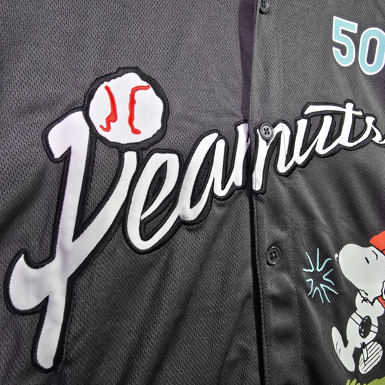 Peanuts® Snoopy Baseball Jersey shirt Mens Large Black Charlie Brown Button NWT